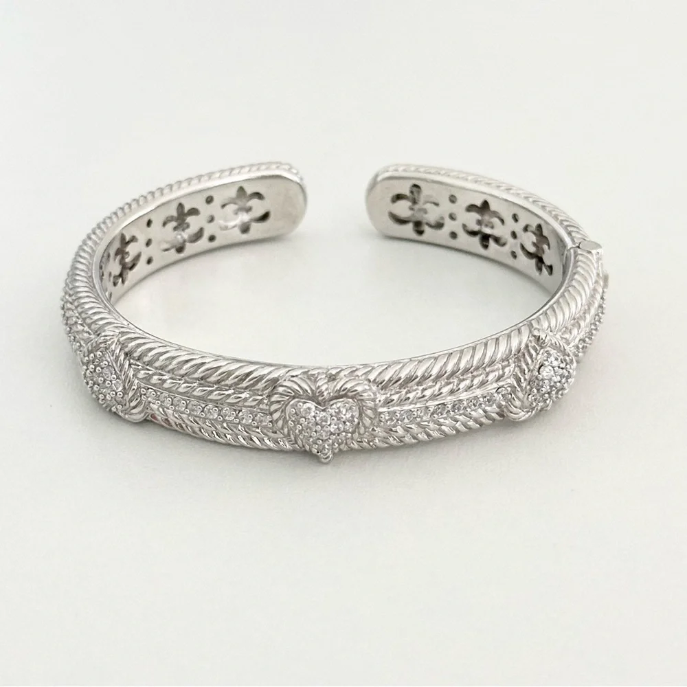 Judith Ripka Clear CZ Triple Heart Diamonique Heavy Silver Cuff Bracelet